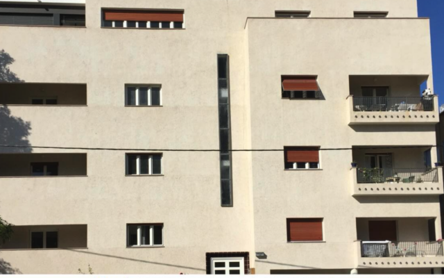 Part of the facade of 123 Yehuda Halevi Street in Tel Aviv, the historic Bauhaus building that was heavily affected by the Iranian strike on February 28, 2026 (Bauhaus Center)